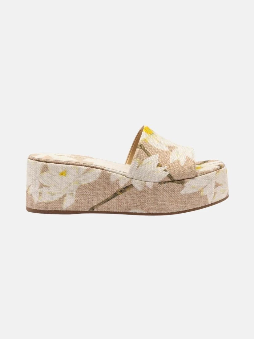 Alex Flatform Mule In Beige Printed Raffia