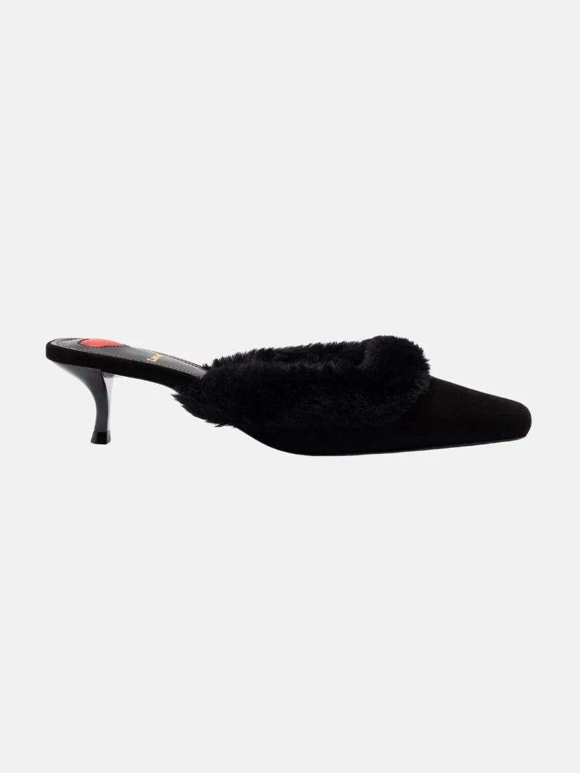 Amal Faux Fur Mule In Black Suede