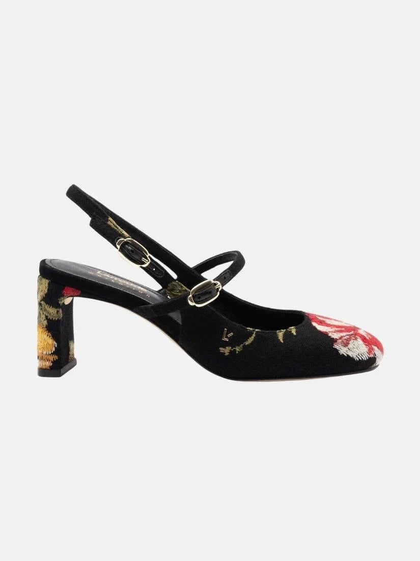 Larroudé x Markarian Pump In Black Wool and Floral Embroidery