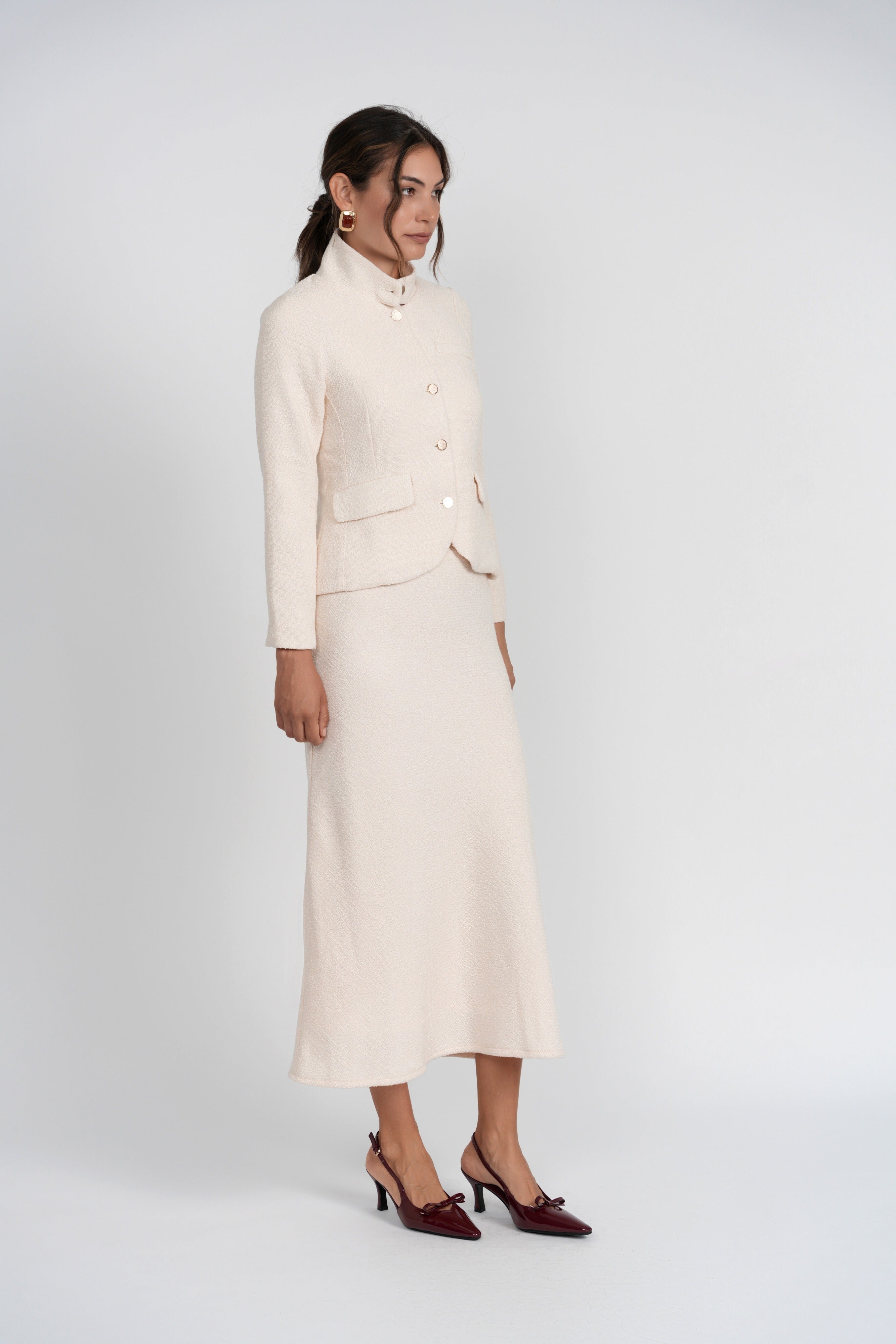 Renata Lightweight Boucle Maxi Skirt in Cream