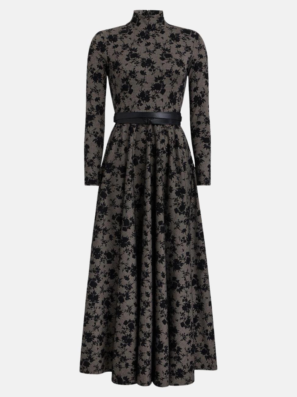 Norma  Floral Houndstooth Maxi Dress with Leather Belt