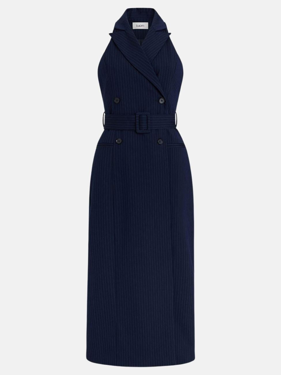 Jaclyn Pinstripe Double-Breasted Sleeveless Dress in Navy