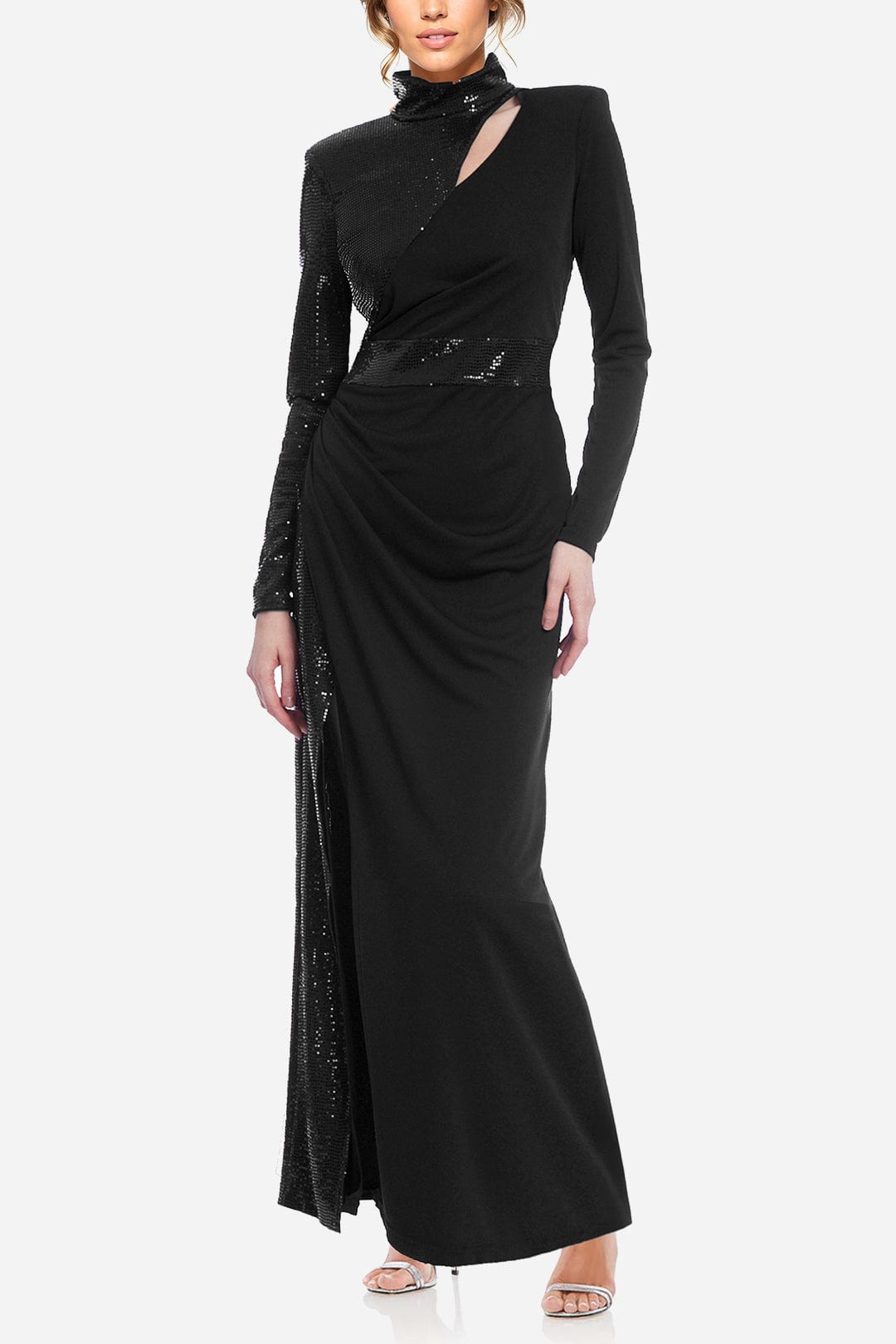 The Bridgette | Sleek High Neck Sequin Black Gown