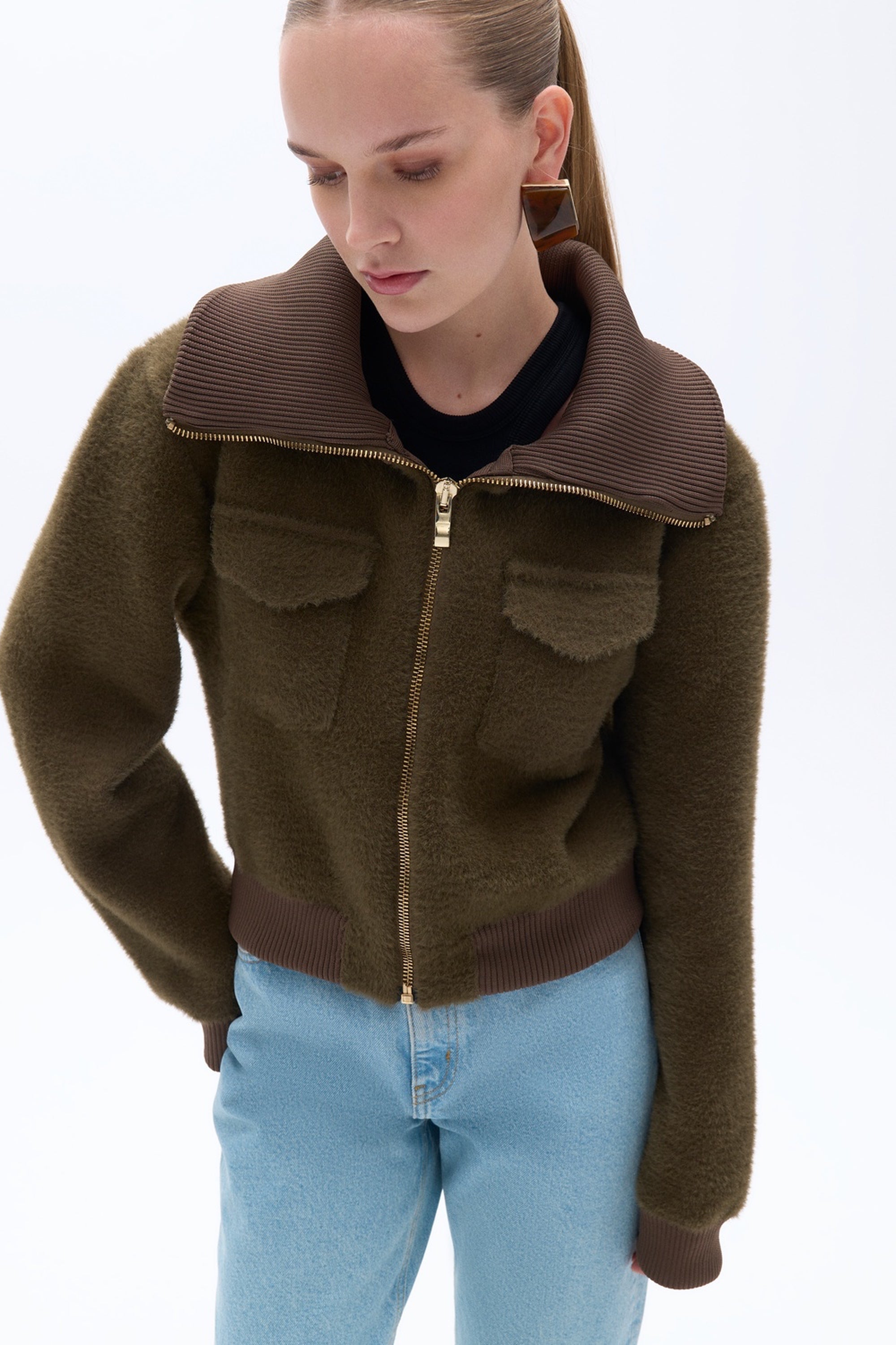 Wide Collar Zipper Detailed Knitwear Cardigan