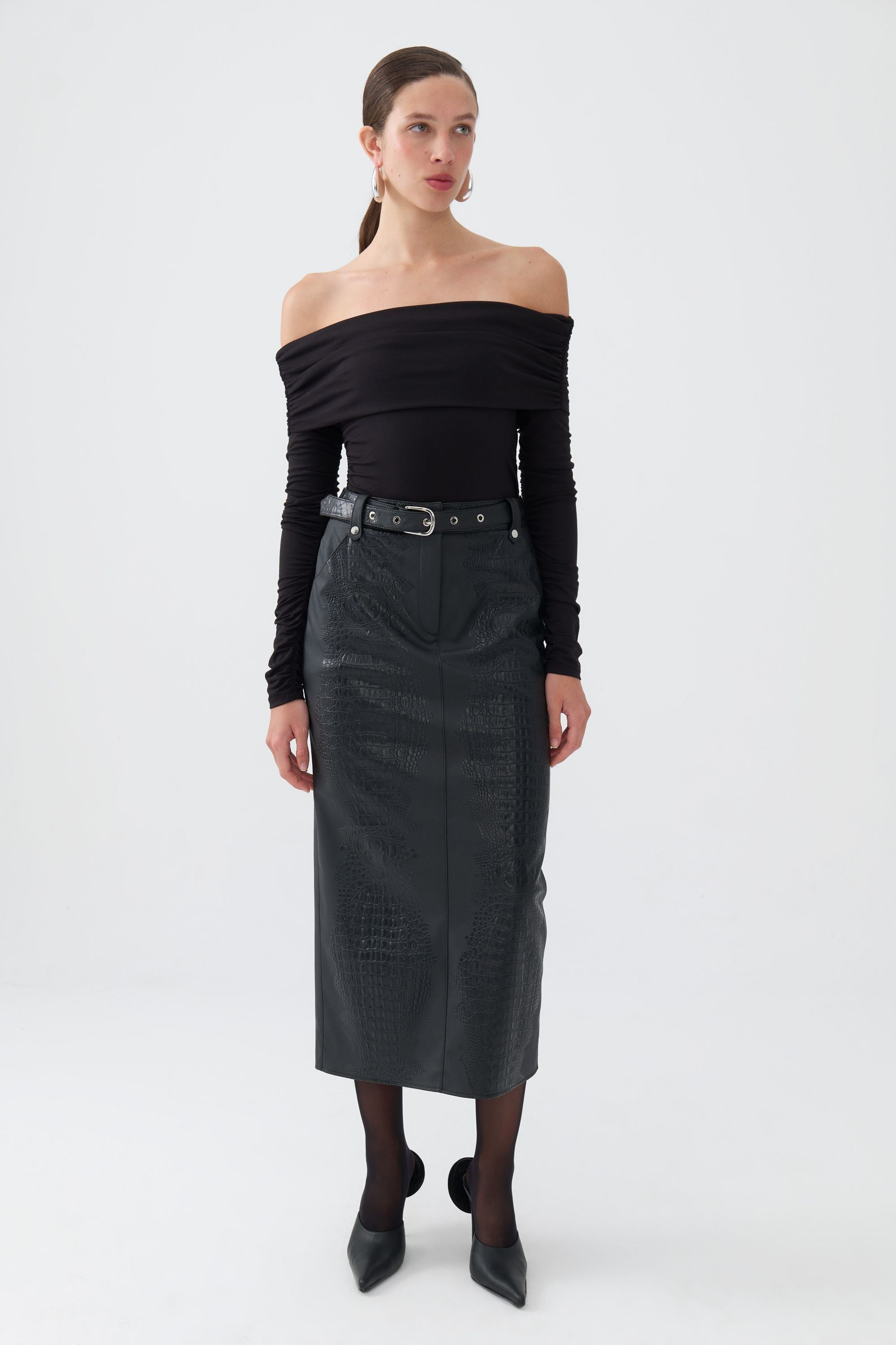 Eyelet Belted Midi Skirt