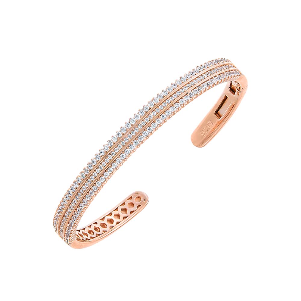 Solid/Pave Triple Row Open Bangle Bracelet