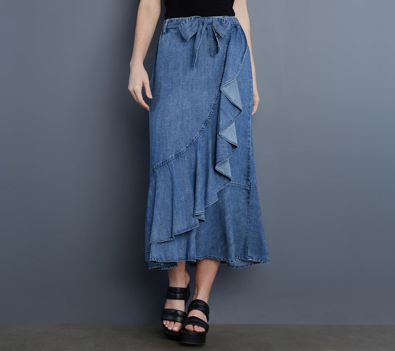 Skirt Outfit Ruffle Midi Wrap Denim Skirt Ruffle Wrap Maxi Skirt