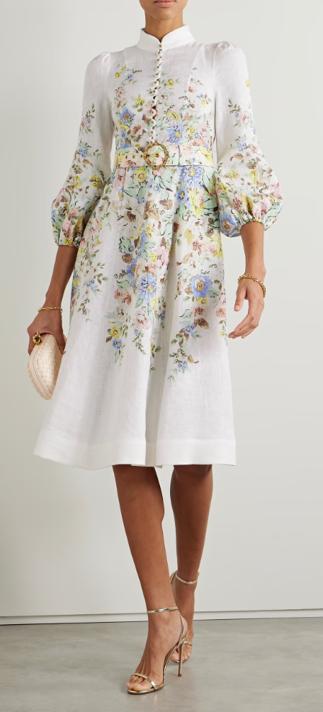 Matchmaker Belted Floral Print Linen Midi Dress in Cream Matchmaker Belted Floral Print Linen Midi Dress in Cream