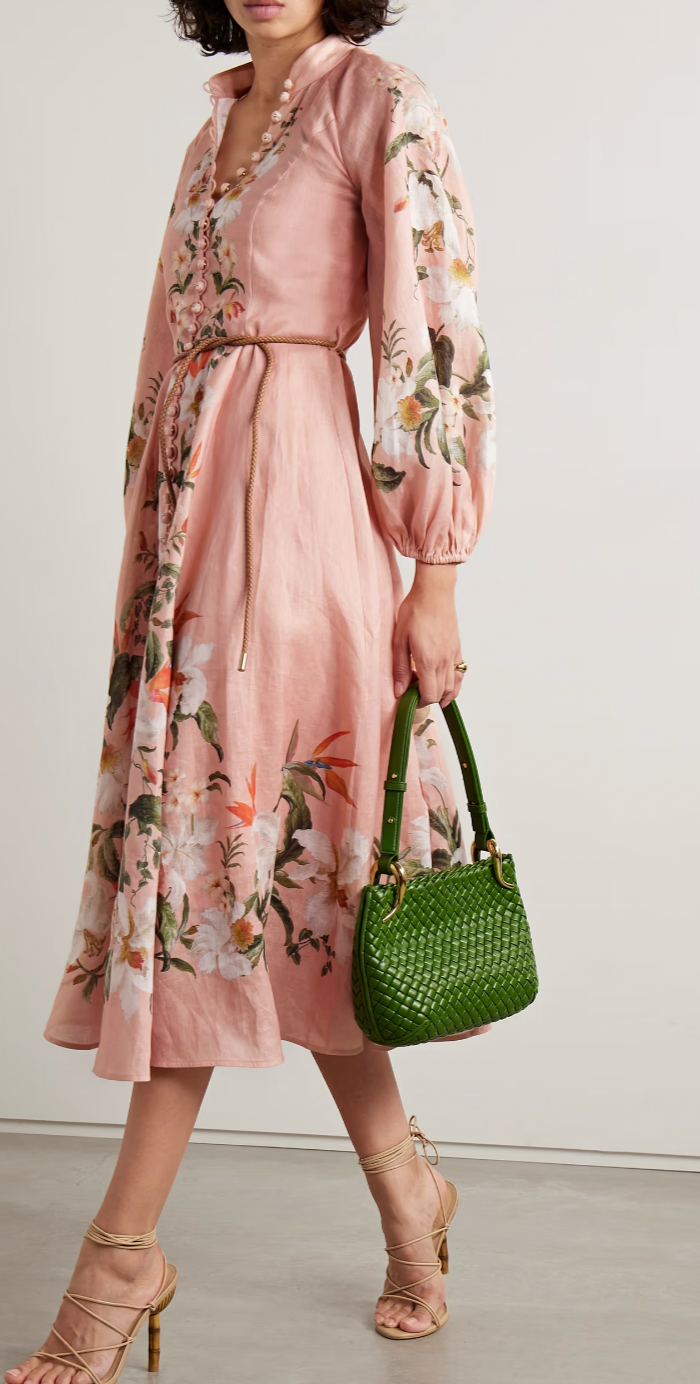 Lexi Belted Floral Print Linen Midi Dress in Pink – The Reflective