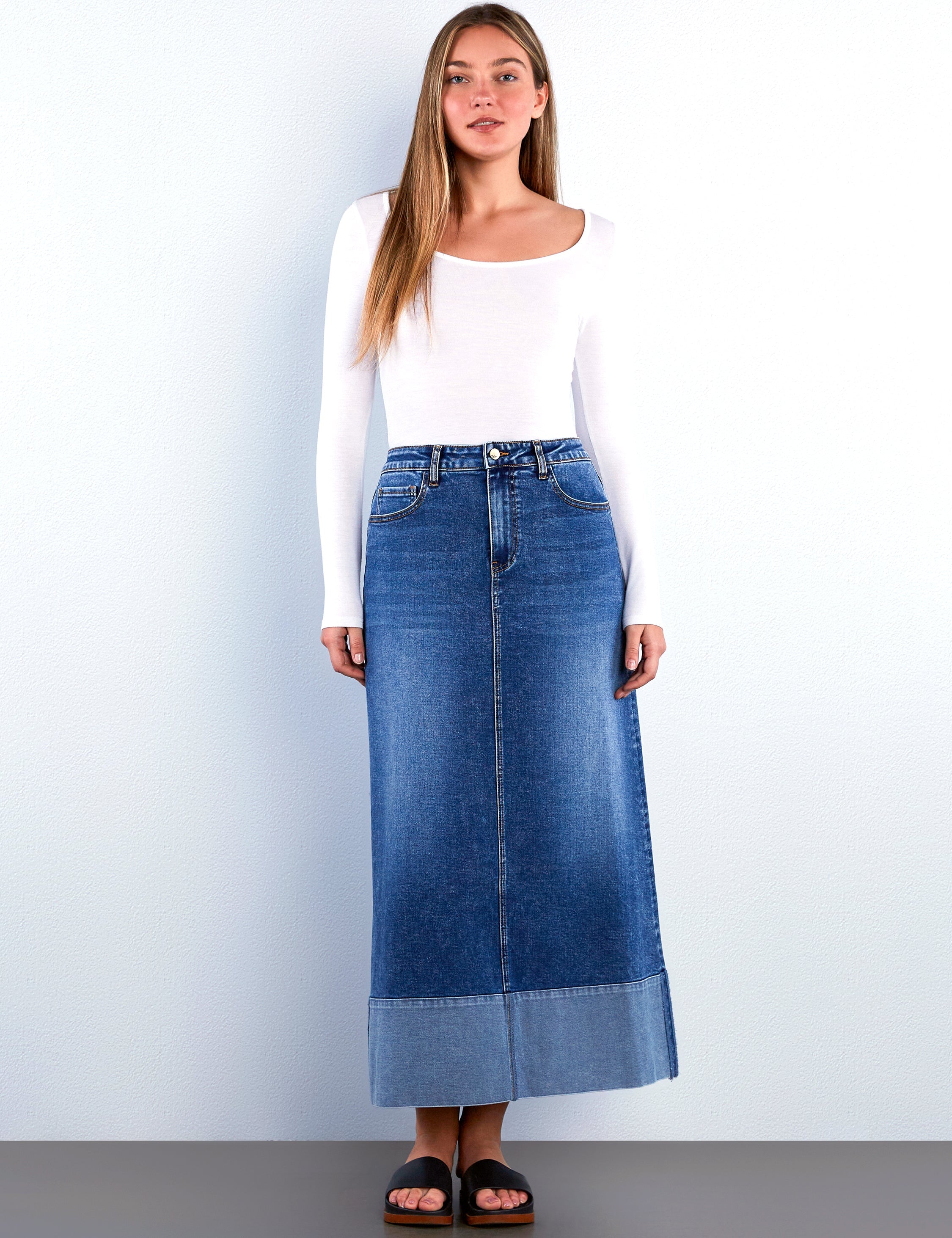 Cuffed Denim Maxi Skirt