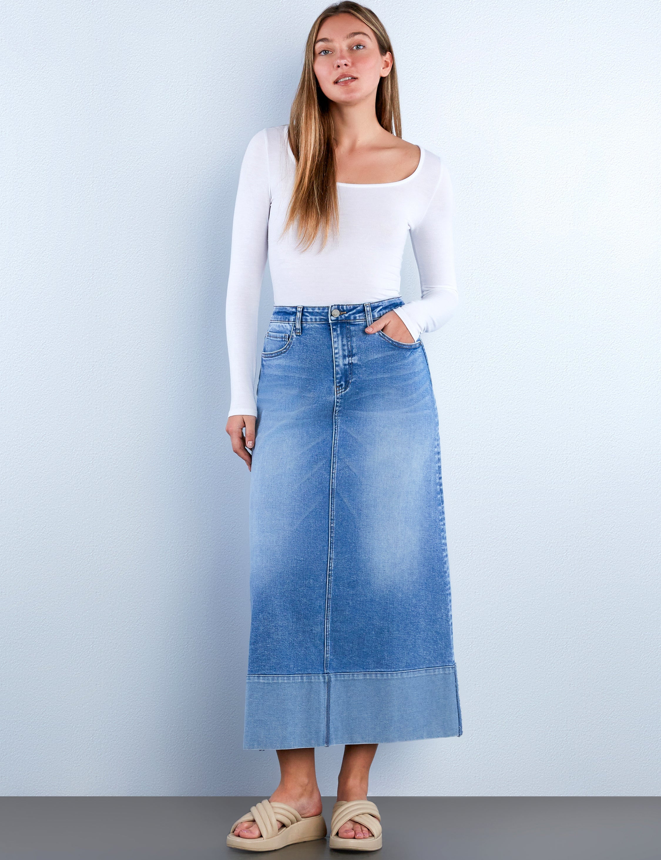 Cuffed Denim Maxi Skirt