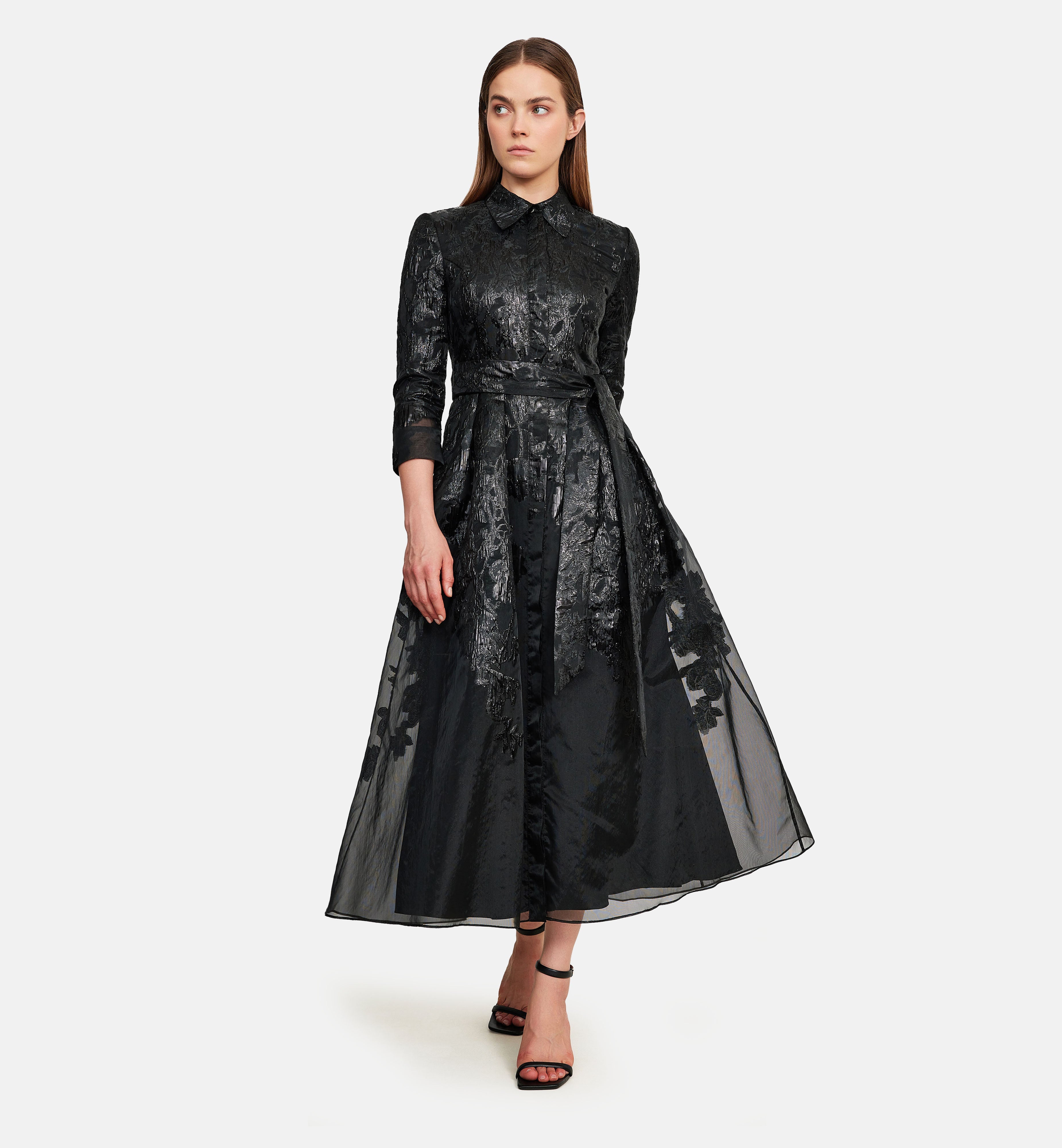 Mid-length Buttoned Organza Dress in Black