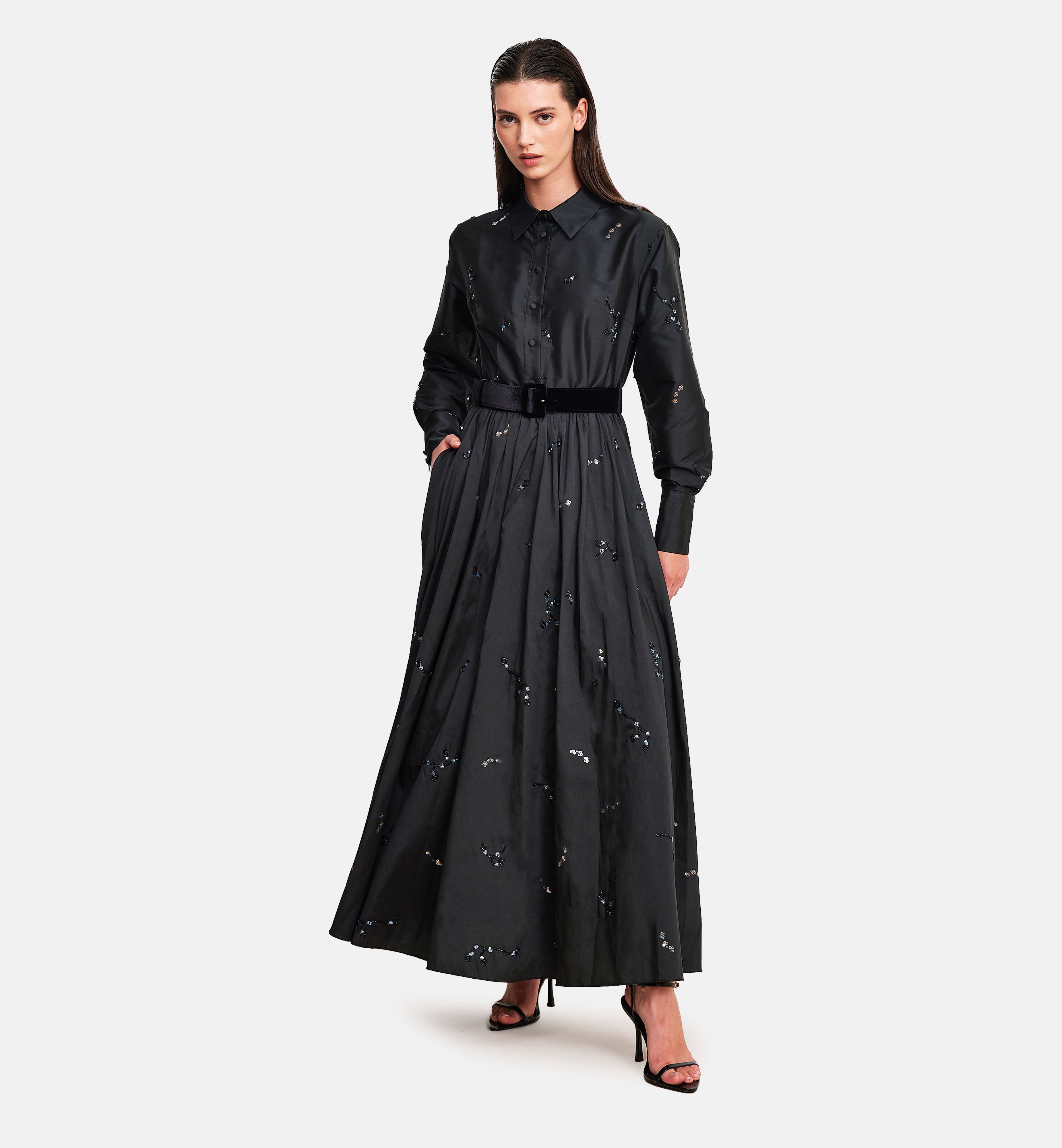 Collared Embroidered Taffeta Midi Dress in Black