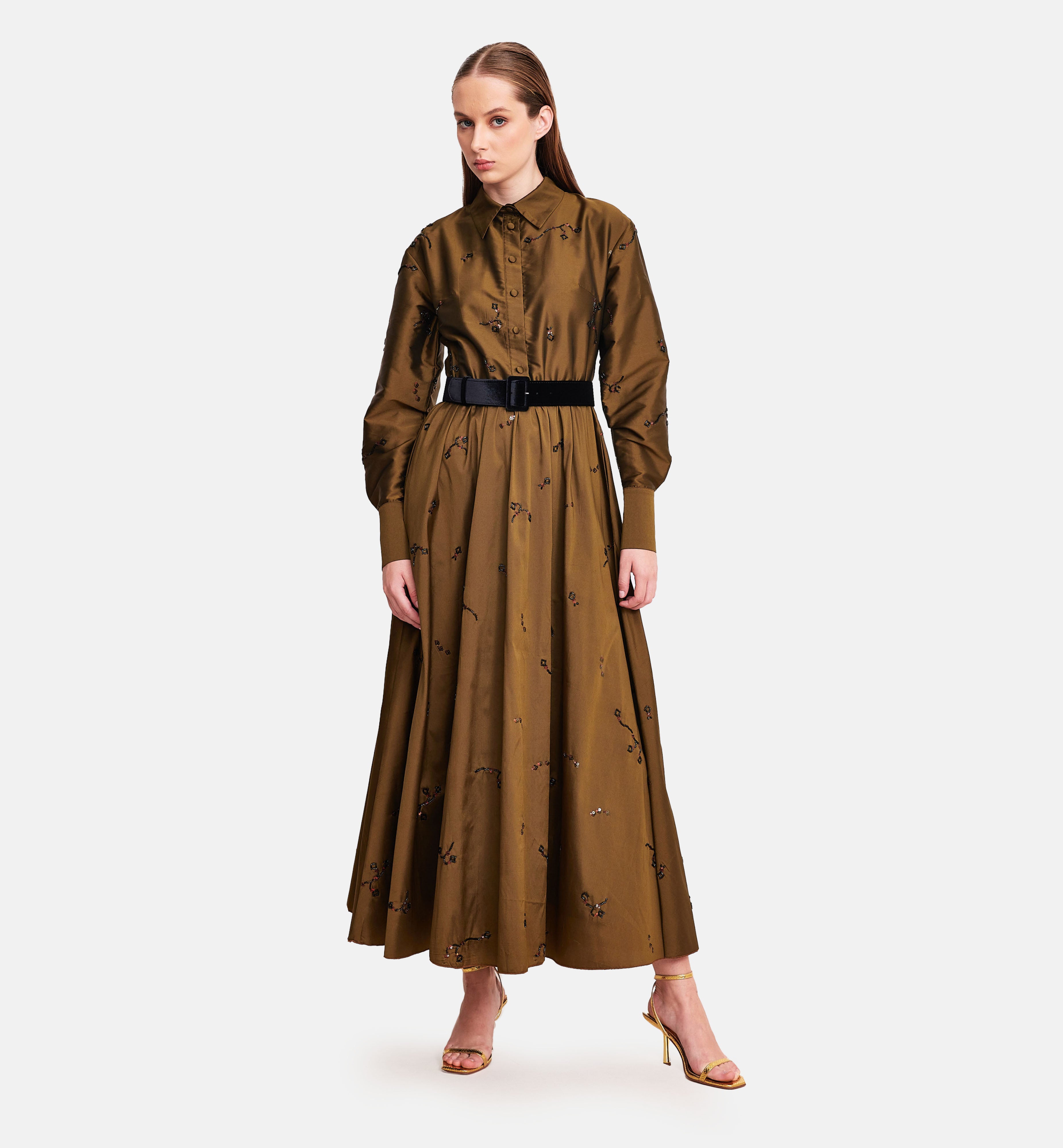 Collared Embroidered Taffeta Miidi Dress in Bronze