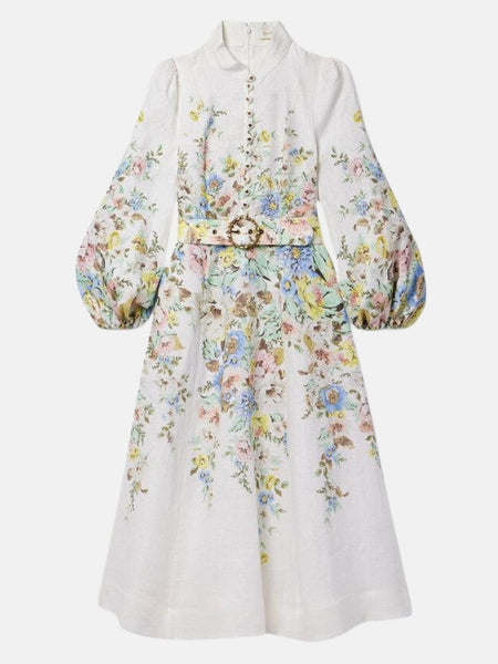 Zimmermann★MATCHMAKER シルクリネン ミディドレス フラワー付 Matchmaker Belted Floral Print Linen Midi Dress in Cream
